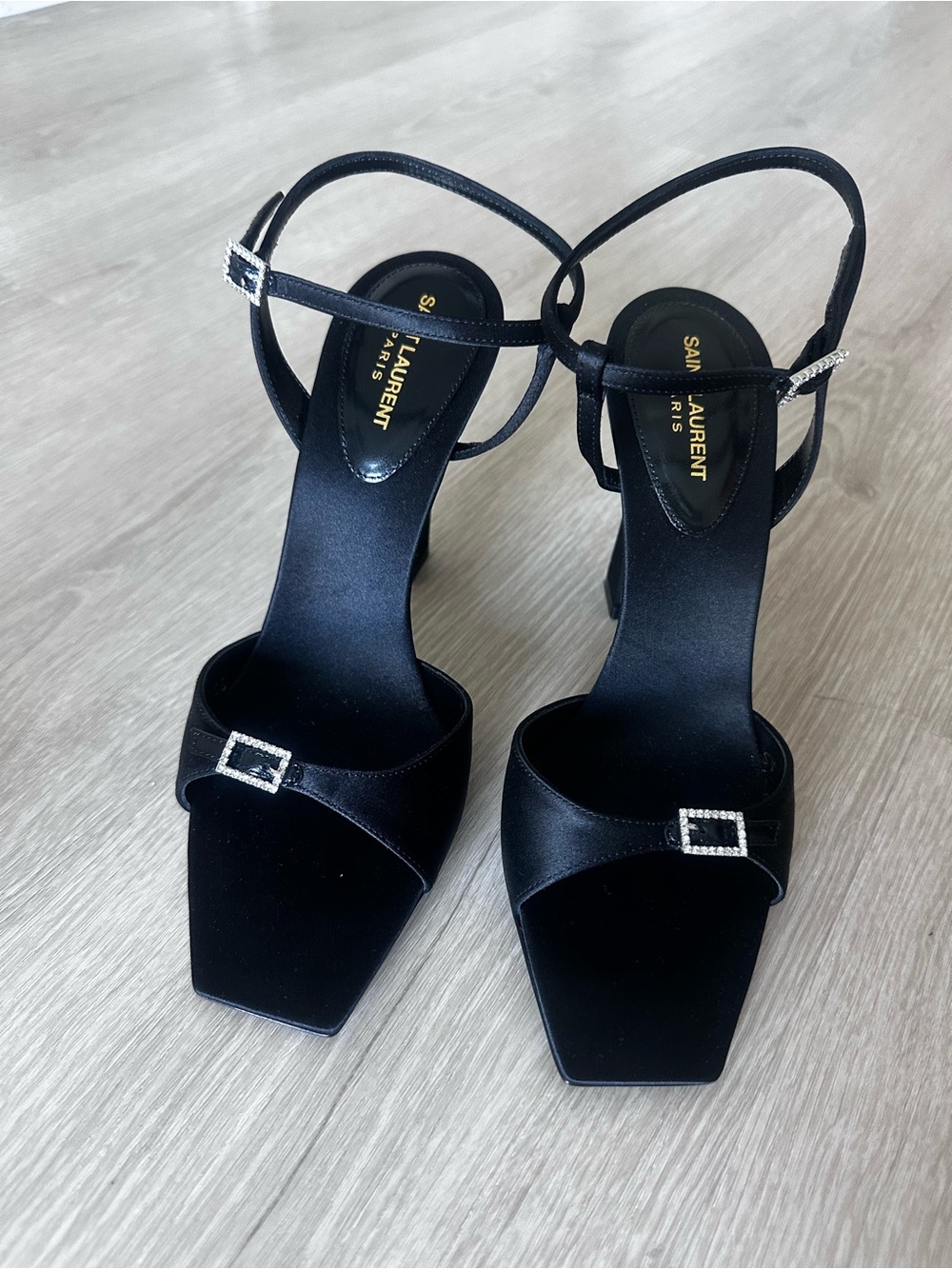 Saint Laurent Black Satin Crystal-Buckle Square-Toe Heels